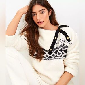 LOFT Fair Isle‎ Sherpa Snap-Collar Sweatshirt (Whisper White) — EUC Large